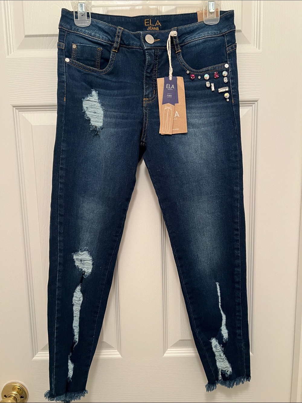 ELA Colombian  Dark Blue Skinny Jeans with Distressed Detail and Embellishment